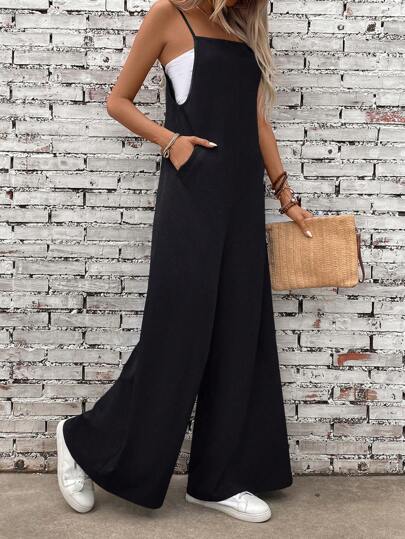 SHEIN LUNE Solid Color Spaghetti Strap Wide Leg Jumpsuit For Vacation & Leisure