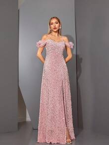 Mgiacy Strapless Velvet Dress With Beaded Sleeves, Split Hem And Front Flowers