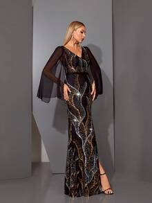 MgiacySukienka z dekoltem w serek, haftowaną koronką i szyfonem, cekinami i wysokim rozcięciem z przodu, elegancka, z długim rękawem, na bal, półformalna sukienka dla gości weselnych, na urodziny, ukończenie szkoły, powrót do domu - Czarne - Zobacz 6