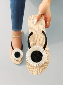 Women's Floral Beach Resort Flip Flop Sandals - Black and White - View 6