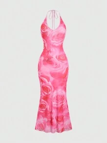 Sweetra Women's Random Printed Backless Simple Daily Dress