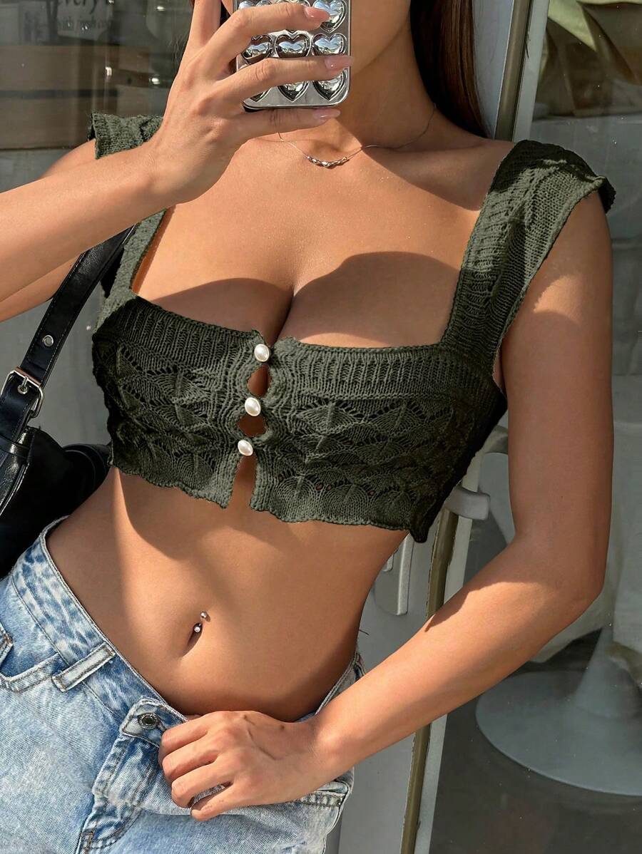 SHEIN Unity 實心釦前短款針織上衣 - 軍綠色 - 查看 1