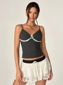 Flirla Camiseta sin mangas con encaje y rayas para mujer, decorada con lazo (corte aleatorio) para verano