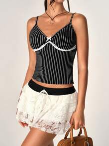 Flirla Camiseta sin mangas con encaje y rayas para mujer, decorada con lazo (corte aleatorio) para verano
