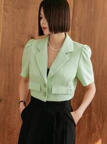 DAZY Solid Color Short Sleeve Turn Down Collar Textured Fabric Cropped Women's Blazer Jacket Business Attire - Green - View 1