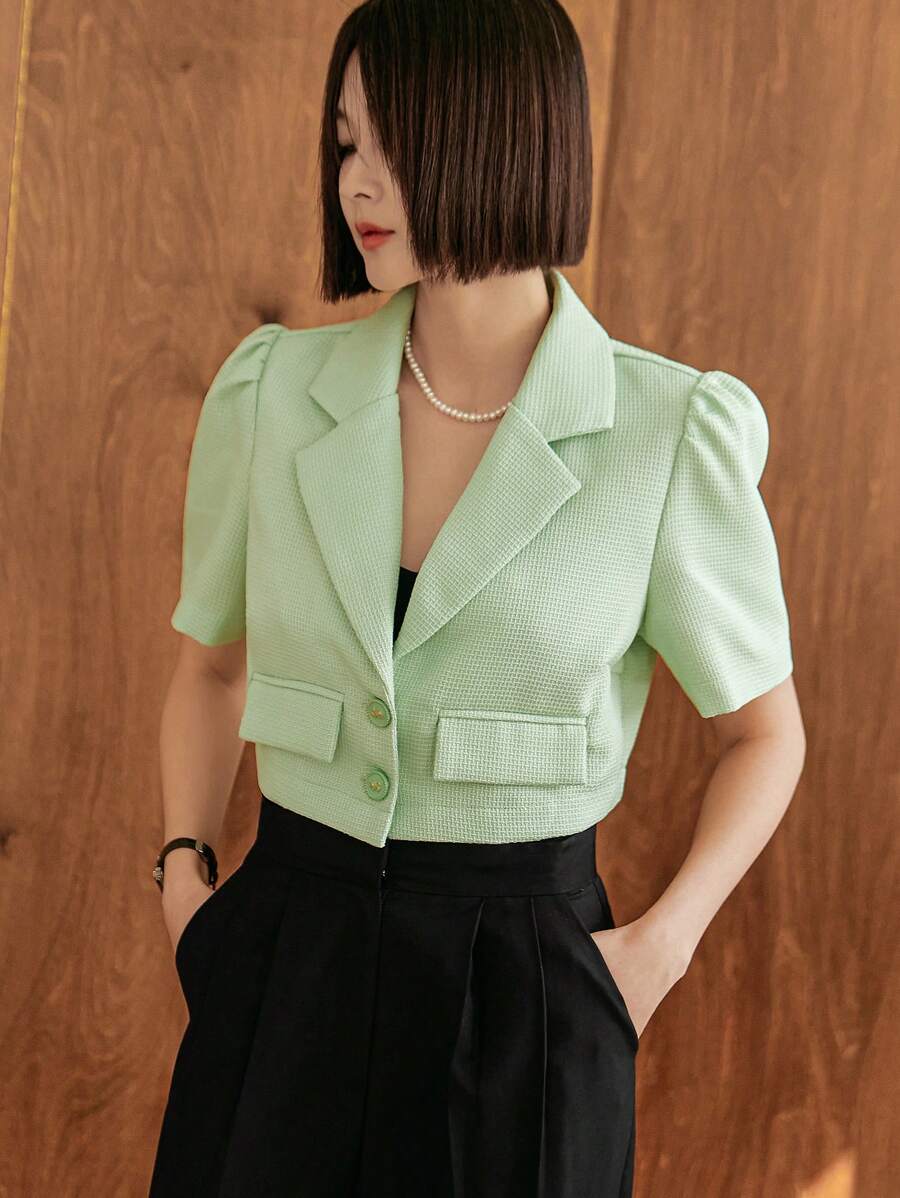 DAZY Solid Color Short Sleeve Turn Down Collar Textured Fabric Cropped Women's Blazer Jacket Business Attire - Green - View 1