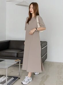 Dazy-Less Vestido casual de verano para mujer con cuello redondo, mangas cortas, hombros caídos y unicolor. Vestido casual y de negocios casual para mujeres