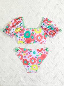 Teen Tween Girl Chia In Hình Đồ Bơi Bộ Bikini Tay Bong Bóng Dễ Thương Và Quần Bơi Đi Biển Mùa Hè - Hồng - Xem 2