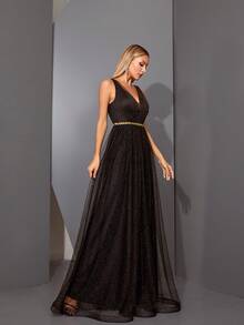 Metallic Mesh Ruffle Sequin Trimmed Belted Dress With V-Neckline - Black - View 5