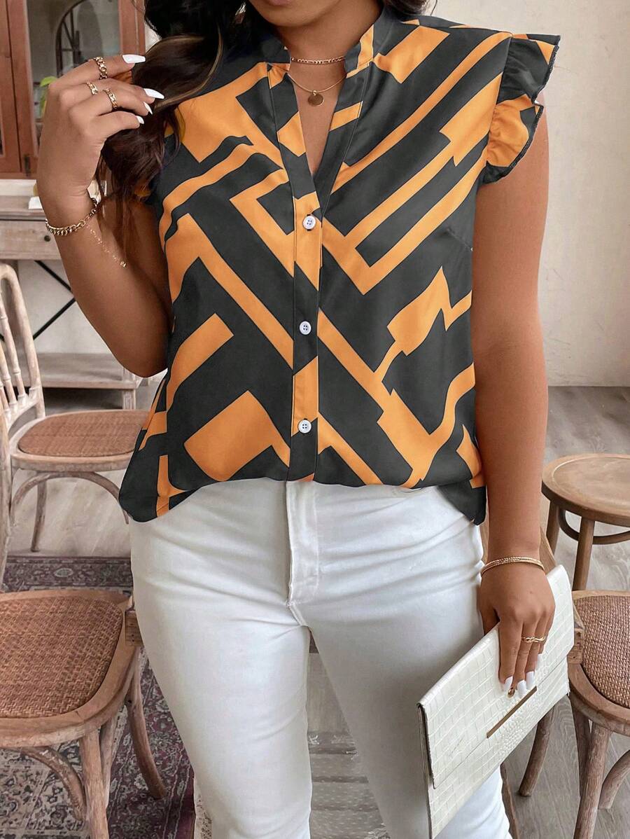 SHEIN Clasi Blouse d'été décontractée en tailles plus imprimée géométrique col à encoche et manches chauve souris