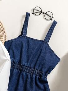 SHEIN Tween Girls 2 件夏季休闲套装：纯色吊带连衣裙和长袖衬衫套装 - 淺藍色 - 查看 6