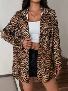 SHEIN EZwear Spring/Summer Street Style Loose Fit Casual Shirt Jacket With Leopard Print Leather Design - Brown - View 5