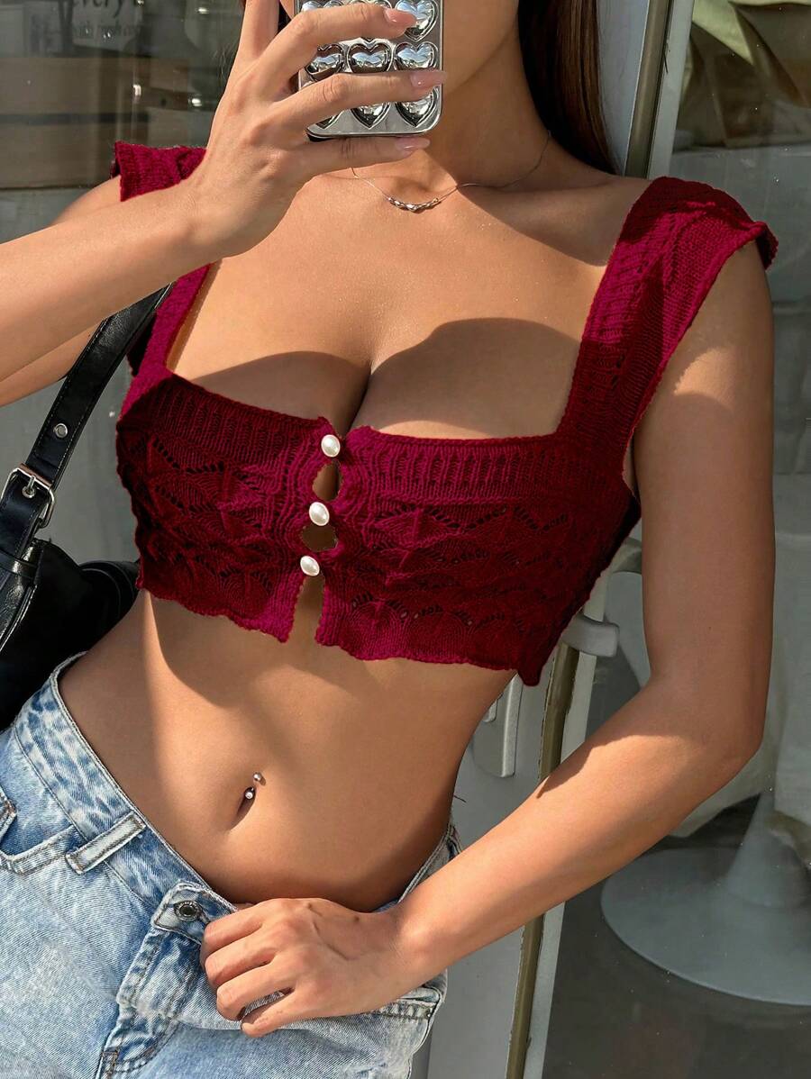 SHEIN Unity Solid Button Front Crop Knit Top - Red - View 1
