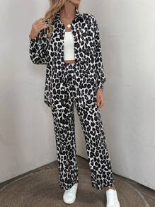 SHEIN LUNE 休閒豹紋兩件套，長袖襯衫和長褲，適用於春秋季節 - 彩色 - 查看 4