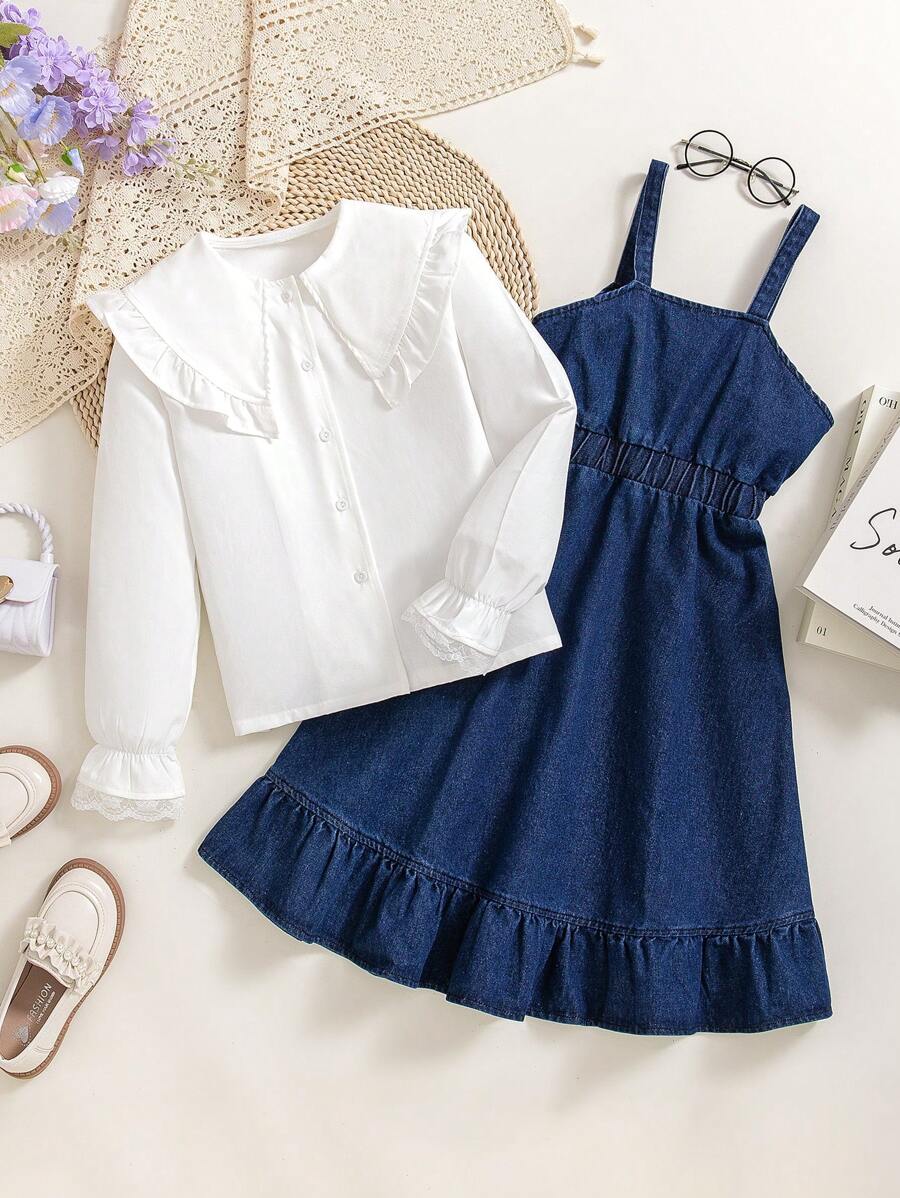 SHEIN Tween Girls 2 件夏季休闲套装：纯色吊带连衣裙和长袖衬衫套装 - 淺藍色 - 查看 1