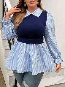 Calvaya Plus Size Women's Spring/Autumn Casual Striped Patchwork 2 In 1 Top - Multicolor - View 7