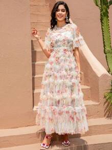 新款网纱印花重工汽车花朵短袖收腰仙女连衣裙，优雅舞会半正式婚礼宾客礼服，适合生日、毕业典礼、返校节派对、春假等场合。 - 彩色 - 查看 6