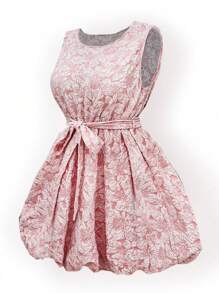 SHEIN Unity Round Neck Sleeveless Textured Dress With Cinched Waist For Women - Pink - View 3