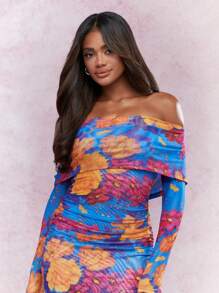 MISSGUIDED Floral Printed Long Sleeve Bardot Maxi Dress