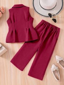 SHEIN Young Girl Ladylike Sleeveless Vest And Trousers Set With Flat Collar, Spring And Summer