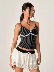 Flirla Camiseta sin mangas con encaje y rayas para mujer, decorada con lazo (corte aleatorio) para verano