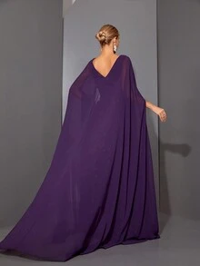 Mgiacy Round Neck See-Through 3D Embroidered Lace Cape With Chiffon Sleeves, High-End Evening Dress Elegant Prom Semi Formal Wedding Guest Dress, For Birthday, Graduation, Homecoming