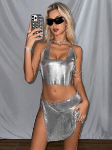 SHEIN Unity Lễ hội âm nhạc gợi cảm mùa hè Bộ váy hở lưng và váy hở lưng màu bạc ánh kim sequin - Bạc - Xem 4