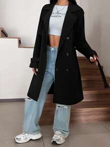 SHEIN EZwear Spring And Autumn Functional Fabric  Black Regular Style Loose Trench Coat - Black - View 6