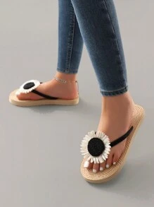 Women's Floral Beach Resort Flip Flop Sandals - Black and White - View 2