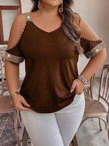 EMERY ROSE 大尺碼女性夏季露肩短袖休閒T恤，帶編織腰帶拼接款式 - 咖啡棕 - 查看 5