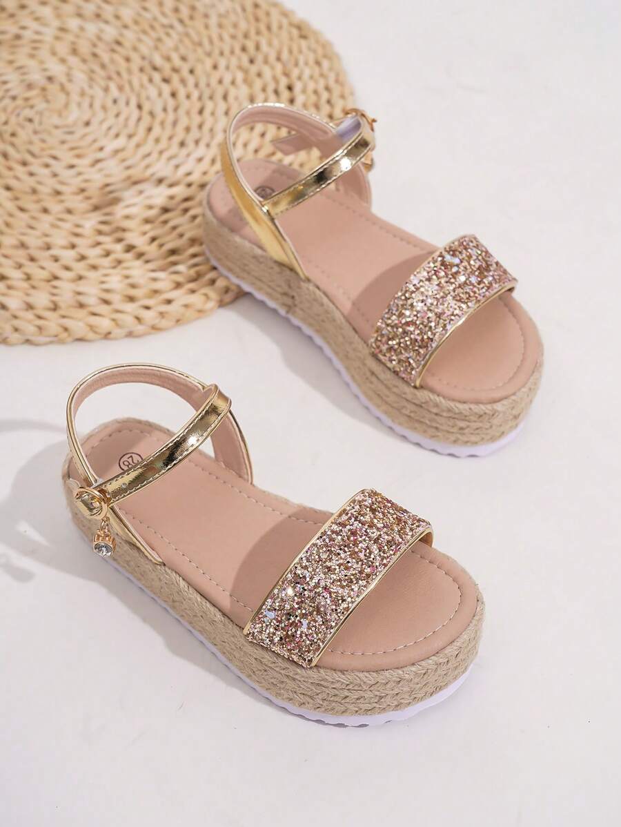 Cute Glitter Thick Bottom Rope Fashion Children's Sandals For Girls - Champagne - View 1