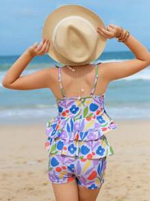 Tween Girls' Summer Beach Floral Printed Camisole Tank Top And Bermuda Shorts Vacation Tankini Swimwear Set