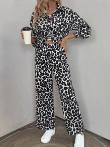 SHEIN LUNE 休閒豹紋兩件套，長袖襯衫和長褲，適用於春秋季節 - 彩色 - 查看 7
