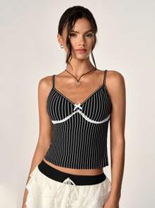 Flirla Camiseta sin mangas con encaje y rayas para mujer, decorada con lazo (corte aleatorio) para verano