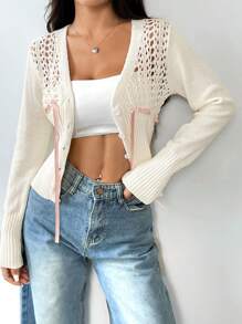 SHEIN Unity Sweet Cutout Lace-Up Sweater - Beige - View 4