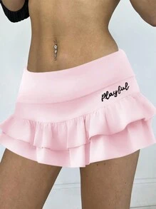 SHEIN Unity Letter Graphic Ruffle Hem Skirt - Pink - View 1