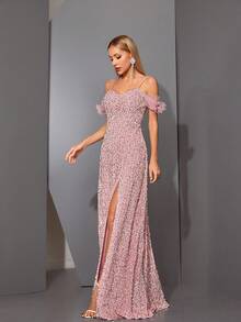 Mgiacy Strapless Velvet Dress With Beaded Sleeves, Split Hem And Front Flowers