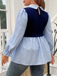 Calvaya Plus Size Women's Spring/Autumn Casual Striped Patchwork 2 In 1 Top - Multicolor - View 2