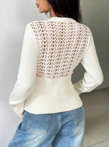 SHEIN Unity Sweet Cutout Lace-Up Sweater - Beige - View 2