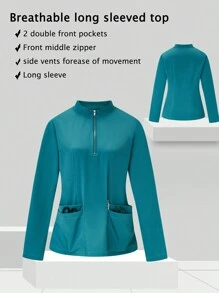 TaskEZ Soft And Comfortable Half Zipper Pullover With Long Sleeve, Fall/Autumn Solid Color 4-Pocket Stretch Zipper V-Neck Stand Collar Scrub Uniform Top