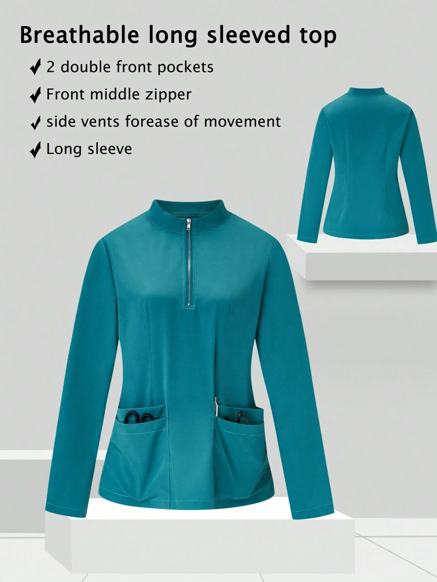 TaskEZ Soft And Comfortable Half Zipper Pullover With Long Sleeve, Fall/Autumn Solid Color 4-Pocket Stretch Zipper V-Neck Stand Collar Scrub Uniform Top