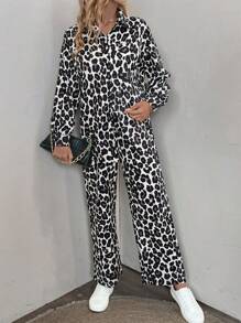 SHEIN LUNE 休閒豹紋兩件套，長袖襯衫和長褲，適用於春秋季節 - 彩色 - 查看 6