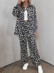 SHEIN LUNE 休閒豹紋兩件套，長袖襯衫和長褲，適用於春秋季節 - 彩色 - 查看 3