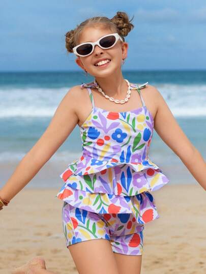 Tween 女童夏季海滩花卉印花吊带背心和百慕大短裤度假分体泳衣套装