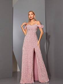 Mgiacy Strapless Velvet Dress With Beaded Sleeves, Split Hem And Front Flowers