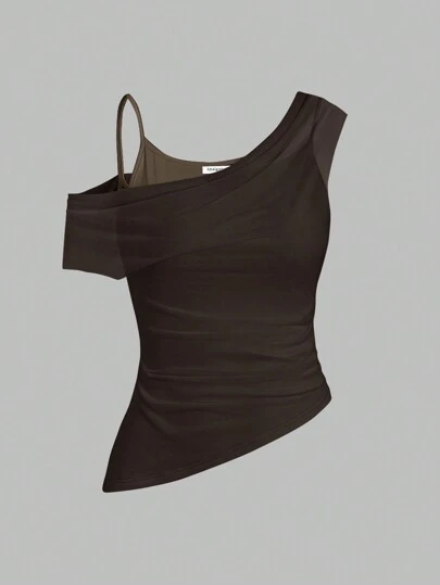 Sweetra 女性素色簡約日常斜肩上衣