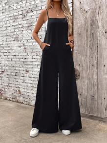 SHEIN LUNE Combinaison à bretelles spaghetti et jambes larges de couleur unie pour les vacances et les loisirs