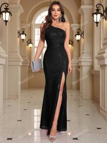 Vestido de noche elegante y formal asimétrico de cola de pez con cuello brillante y piel sintética, ideal para graduación, cena y eventos, en color negro