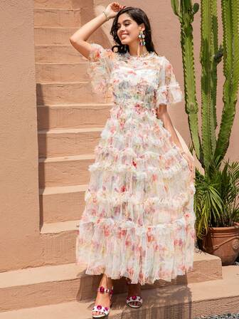 New Mesh Printed Heavy Car Flower Short Sleeve Waisted Fairy Dresses Elegant Prom Semi Formal Wedding Guest Dress, For Birthday, Graduation, Homecoming Party Dress