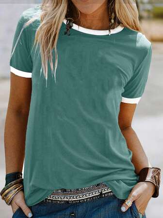 SHEIN LUNE Damen Sommer Colour-Block Rundhals Kurzarm Lässig T-Shirt Grafikdruck Damenshirts